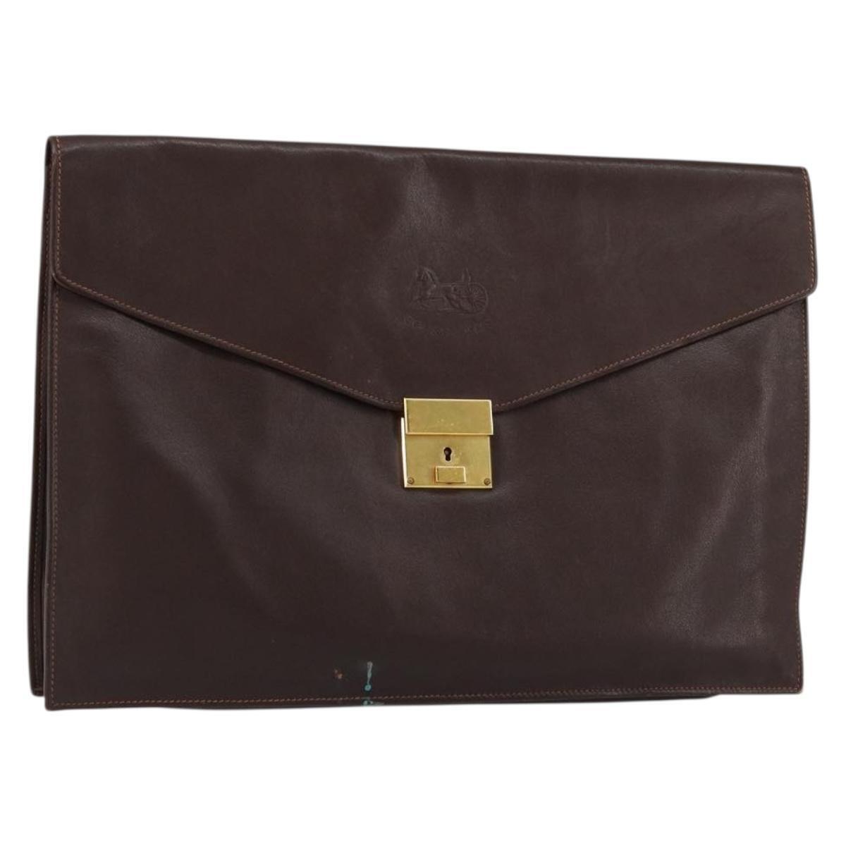 Celine Clutch Bag Leather Brown Gold Auth 154509
